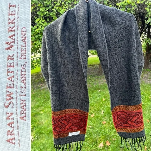 🐑 🇮🇪Unisex Charcoal/Red/Orange Woven Scarf Wool Blend Fringed Scarf 15”W x 63”L - Picture 1 of 17